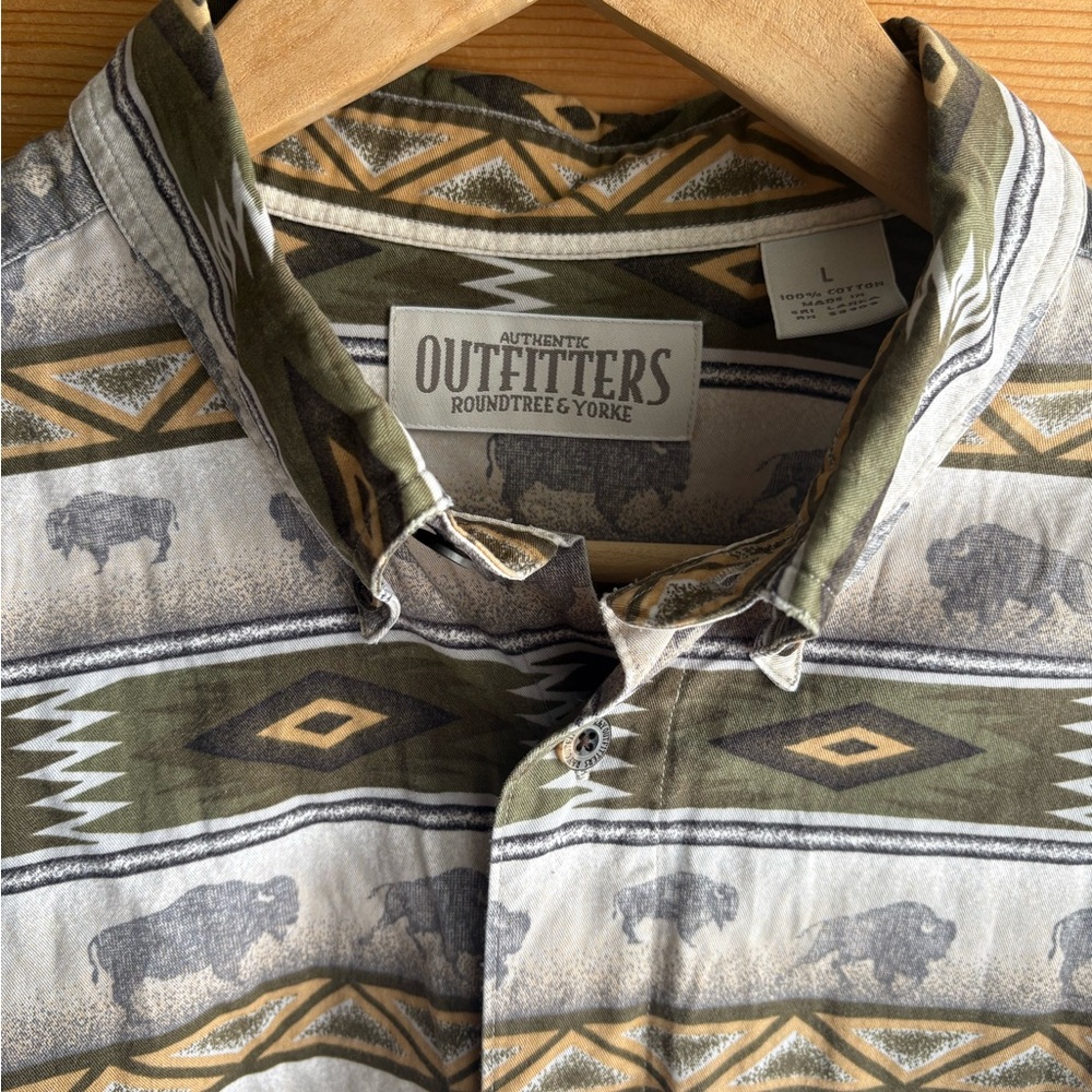 Roundtree & Yorke Buffalo Print Shirt in Green and Tan - Picture 2 of 8